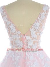 Pink Sleeveless Sweep Train Appliques With Train Prom Gown