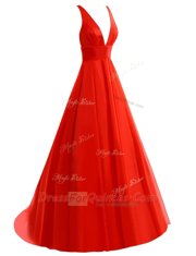 Wonderful Coral Red Organza Zipper V-neck Sleeveless Prom Party Dress Brush Train Pleated