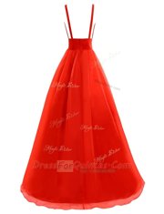 Wonderful Coral Red Organza Zipper V-neck Sleeveless Prom Party Dress Brush Train Pleated