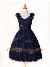 Chic Sleeveless Lace Knee Length Zipper Dress for Prom in Blue and Navy Blue with Lace