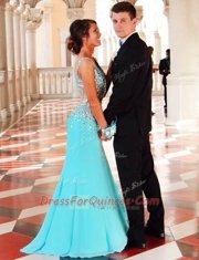 Blue Mermaid Beading Prom Evening Gown Zipper Chiffon Sleeveless