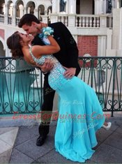 Blue Mermaid Beading Prom Evening Gown Zipper Chiffon Sleeveless