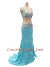 Luxurious Mermaid Aqua Blue Zipper Prom Dress Beading Sleeveless Brush Train