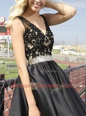 Sleeveless Floor Length Beading and Appliques Zipper Prom Dresses with Black