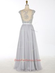 Shining Grey A-line Chiffon V-neck Sleeveless Beading and Appliques Floor Length Zipper Evening Dress