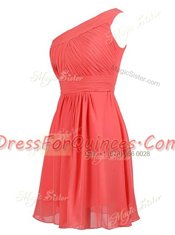 One Shoulder Knee Length Watermelon Red Homecoming Dress Chiffon Sleeveless Ruffles