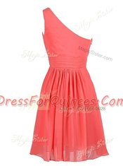 One Shoulder Knee Length Watermelon Red Homecoming Dress Chiffon Sleeveless Ruffles