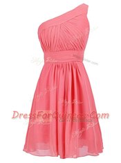 One Shoulder Knee Length Watermelon Red Homecoming Dress Chiffon Sleeveless Ruffles