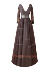 Deluxe Brown Zipper Lace Long Sleeves Floor Length