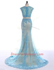Modern Mermaid Lace Prom Dresses Blue Zipper Sleeveless With Brush Train