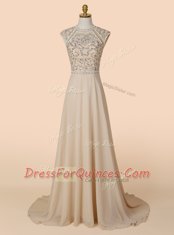 Excellent With Train Champagne Prom Dresses Scoop Sleeveless Brush Train Backless