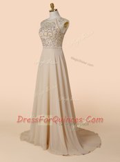 Excellent With Train Champagne Prom Dresses Scoop Sleeveless Brush Train Backless