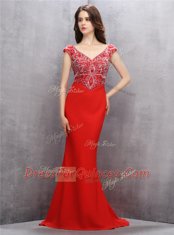 Mermaid With Train Red Prom Gown Chiffon Sweep Train Sleeveless Beading and Sequins