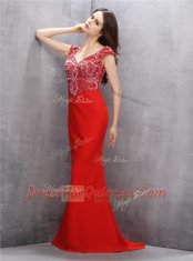 Mermaid With Train Red Prom Gown Chiffon Sweep Train Sleeveless Beading and Sequins