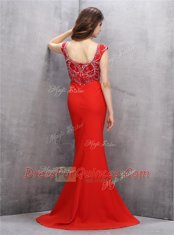 Mermaid With Train Red Prom Gown Chiffon Sweep Train Sleeveless Beading and Sequins