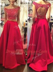 Elegant Off The Shoulder Sleeveless Sweep Train Backless Prom Evening Gown Red Satin