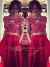 Elegant Off The Shoulder Sleeveless Sweep Train Backless Prom Evening Gown Red Satin