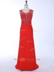 Mermaid Red Chiffon Zipper Scoop Sleeveless With Train Dress for Prom Brush Train Beading and Appliques