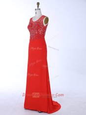 Mermaid Red Chiffon Zipper Scoop Sleeveless With Train Dress for Prom Brush Train Beading and Appliques