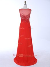 Mermaid Red Chiffon Zipper Scoop Sleeveless With Train Dress for Prom Brush Train Beading and Appliques