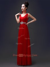 Chiffon Square Sleeveless Zipper Beading Prom Gown in Red