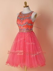 Wonderful Scoop Sleeveless Knee Length Beading Zipper Prom Gown with Watermelon Red