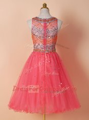 Wonderful Scoop Sleeveless Knee Length Beading Zipper Prom Gown with Watermelon Red