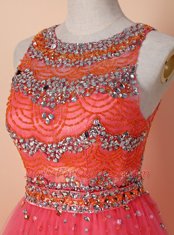 Wonderful Scoop Sleeveless Knee Length Beading Zipper Prom Gown with Watermelon Red
