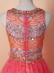 Wonderful Scoop Sleeveless Knee Length Beading Zipper Prom Gown with Watermelon Red