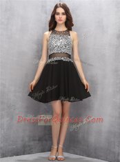 Scoop Black Chiffon Zipper Prom Dresses Sleeveless Knee Length Beading