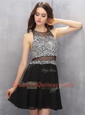 Scoop Black Chiffon Zipper Prom Dresses Sleeveless Knee Length Beading
