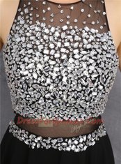 Scoop Black Chiffon Zipper Prom Dresses Sleeveless Knee Length Beading