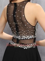 Scoop Black Chiffon Zipper Prom Dresses Sleeveless Knee Length Beading