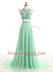 Beautiful Apple Green Zipper Halter Top Beading Chiffon Sleeveless Brush Train