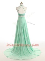 Beautiful Apple Green Zipper Halter Top Beading Chiffon Sleeveless Brush Train