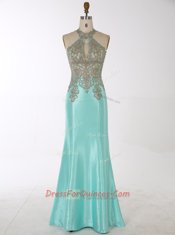Clearance Mermaid Satin High-neck Sleeveless Zipper Beading Prom Evening Gown in Aqua Blue