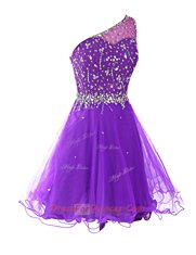 Fine A-line Prom Gown Purple One Shoulder Organza Sleeveless Mini Length Zipper