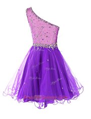 Fine A-line Prom Gown Purple One Shoulder Organza Sleeveless Mini Length Zipper