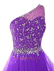 Fine A-line Prom Gown Purple One Shoulder Organza Sleeveless Mini Length Zipper