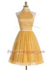 Fantastic Gold High-neck Neckline Beading Prom Evening Gown Sleeveless Zipper
