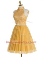 Fantastic Gold High-neck Neckline Beading Prom Evening Gown Sleeveless Zipper