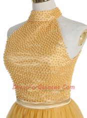Fantastic Gold High-neck Neckline Beading Prom Evening Gown Sleeveless Zipper