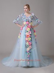 Traditional Half Sleeves Court Train Hand Made Flower Zipper Prom Evening Gown