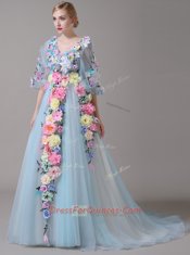 Traditional Half Sleeves Court Train Hand Made Flower Zipper Prom Evening Gown