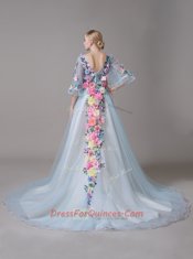Traditional Half Sleeves Court Train Hand Made Flower Zipper Prom Evening Gown