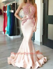 Mermaid Halter Top Appliques Homecoming Dress Peach Zipper Sleeveless With Brush Train