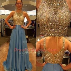 Sumptuous Scoop Blue Zipper Prom Party Dress Sequins Sleeveless With Brush Train