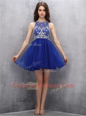 Beauteous Royal Blue Organza Zipper Scoop Sleeveless Mini Length Prom Evening Gown Beading