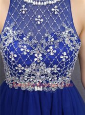 Beauteous Royal Blue Organza Zipper Scoop Sleeveless Mini Length Prom Evening Gown Beading