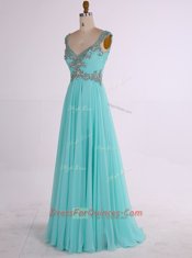 Aqua Blue Sleeveless Floor Length Beading Zipper Prom Evening Gown
